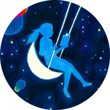 Vignette de l'illustration montrant une jeune fille lisant un livre accrochée à une lune, devenue balançoire